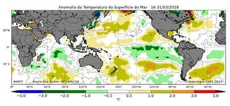 7.2. Condições oceânicas recentes e tendência O mapa de anomalias dmapa de anomalias da temperatura na superfície do mar (TSM) da segunda metade de fevereiro (Figura 3) mostra o predomínio de áreas