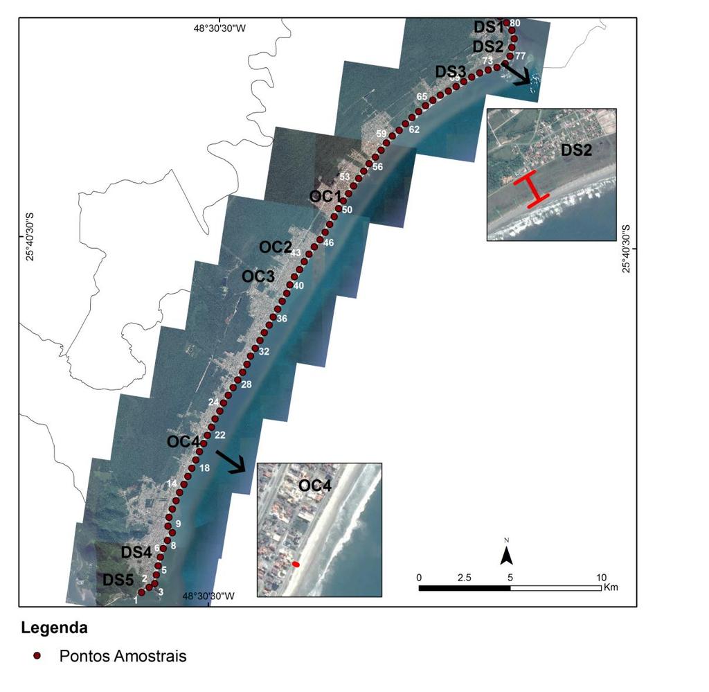 Figura 39: Pontos amostrais para obtenção das medidas da largura do pós-praia, com destaque para as maiores (DS2) e menores (OC4) larguras identificadas. 5.