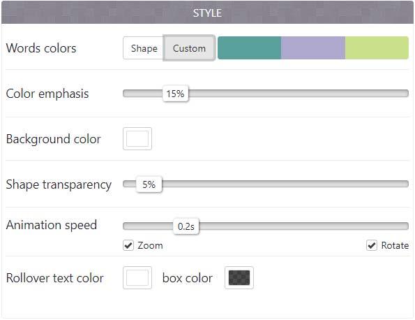Ao marcar a caixa Shape, as palavras da nuvem terão as cores da figura que você selecionou no botão Shapes.