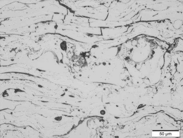 A partir das análises realizadas nas amostras de microscopia ótica, foram identificadas lamelas regulares empilhadas em camadas tipo panqueca, homegêneas e espessas, formadas de partículas que