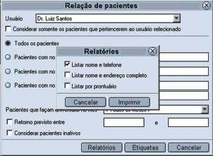 1-No Menu Imprimir, clique na opção relação de pacientes; 2-Na tela que se abrirá, selecione um dos usuários ou mantenha o padrão <todos os usuários> no campo usuário; 3-Marque o campo considerar