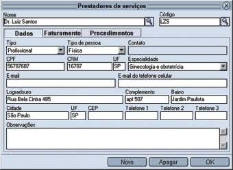 Para cadastrar prestadores de serviços: 1-Clique na opção prestadores de serviço do Menu Faturamento; 2-Preencha os campos nome e código do prestador de serviços; 3-Clique na janela dados e preencha