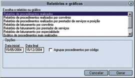 Para trabalhar com relatórios e gráficos: 1-No Menu Imprimir, clique na opção relatórios e gráficos; 2-Na janela que se abrirá, selecione um dos tipos de relatórios e gráficos; 3-Informe a data