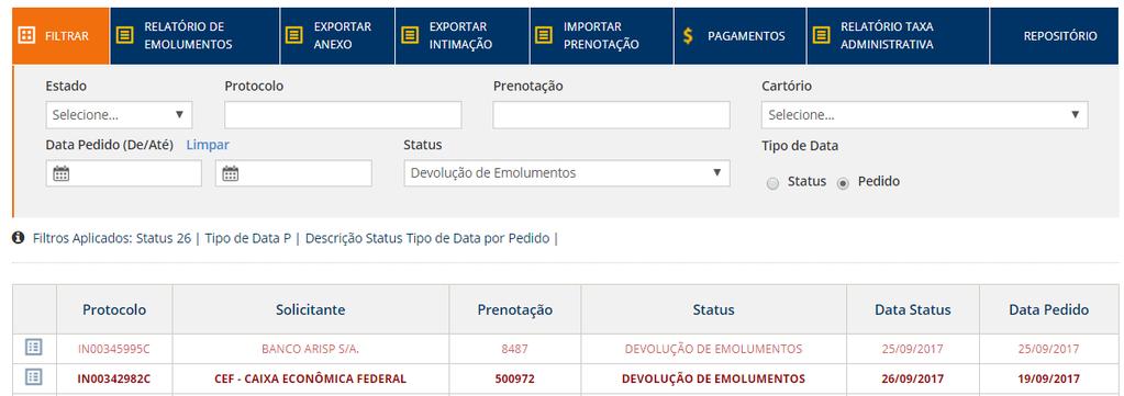 Após isso, o Credor irá enviar o boleto pelo sistema com o status Devolução de Emolumentos, entrará em vermelho como mostra a imagem abaixo.