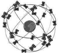 5) (UNICAMP-2009) A ilustração abaixo representa a constelação de satélites do Sistema de Posicionamento Global (GPS) que orbitam em volta da Terra. Adaptado de Luis Antonio Bittar Venturi et al.