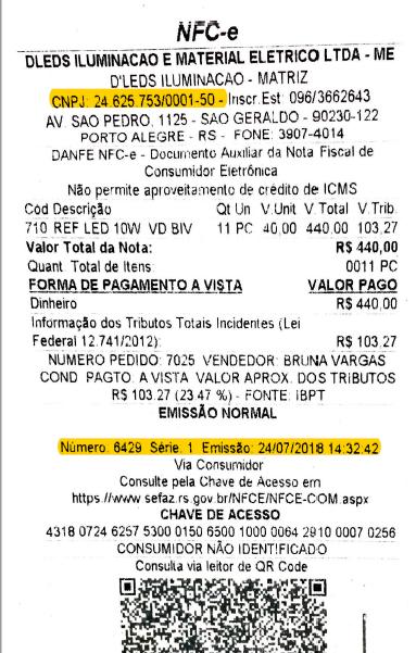 NOTA FISCAL somente para fins ilustrativos: Na parte superior da nota fiscal consta o número do CNPJ do estabelecimento bem como abaixo da informação de pagamento, encontra-se o número da NFC-e.