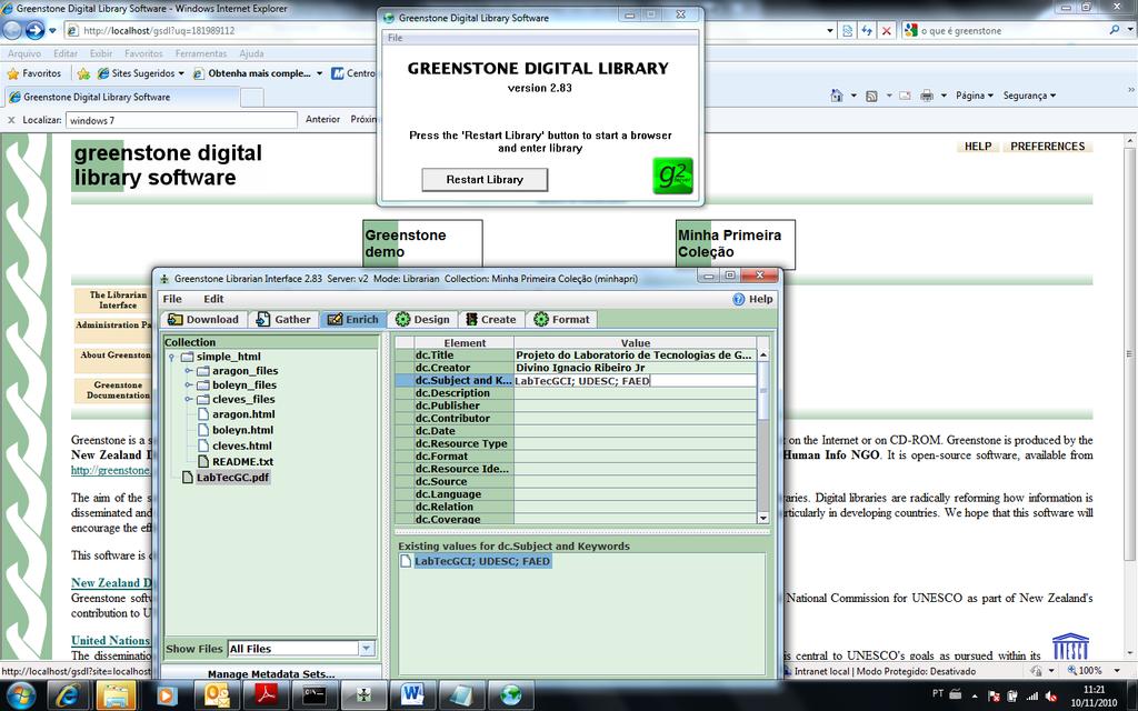 93 FIGURA 3 Interface de Consulta e Console de Gerenciamento do Greenstone Programa Biblioteca Livre Biblivre: é um software para catalogação e difusão de acervos de bibliotecas dos mais variados