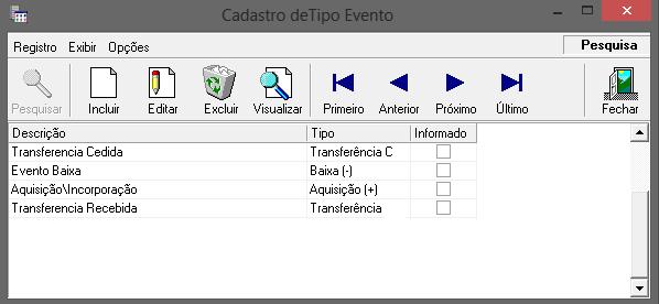 4 Cadastro de Eventos PAT_CadTipoEvento.dll Permite o cadastro dos tipos de evento, que serão configurados nos parâmetros, na aba Eventos, e nas movimentações.