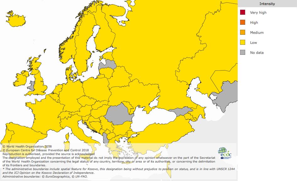 Instituto Nacional de Saúde Doutor Ricardo Jorge, I.P. Situação internacional: Europa Figura 15 Intensidade da atividade gripal na Europa, semana 46/218.