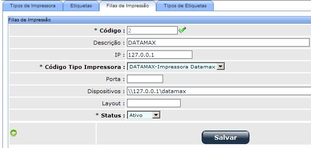 Selecionando a Datamax Clicando no botão Deve estar como abaixo Não altere os dados nem salve sem falar