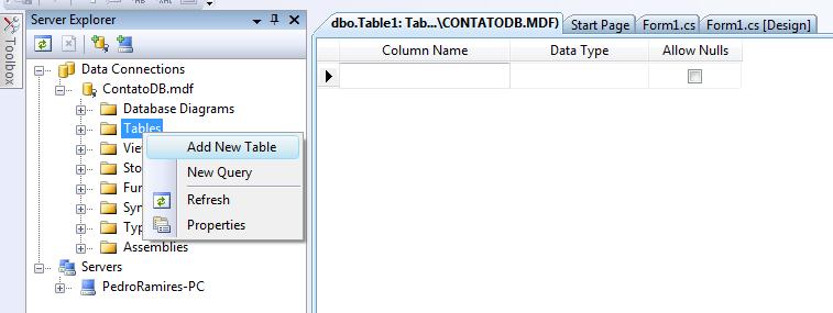 Criando a tabela Lista de Clientes: Adicione uma tabela à base de dados ContatoDB, clique com o botão direito em Tables no Server Explorer