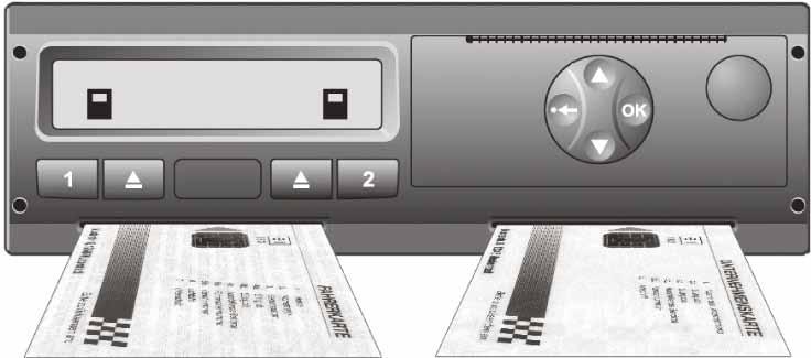 Ler dados do tacógrafo e o do cartão de condutor 1. Insira o cartão de condutor na ranhura esquerda e o cartão de empresa na ranhura direita e espere até que o cartão seja registado completamente. 2.