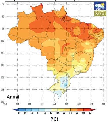 norte da Europa, por exemplo. Segundo GEHO-CEB citado por Lima (2011), um aumento 10ºC dobra as velocidades das reações. A figura 3 apresenta o mapa brasileiro de temperatura média anual. Fig.