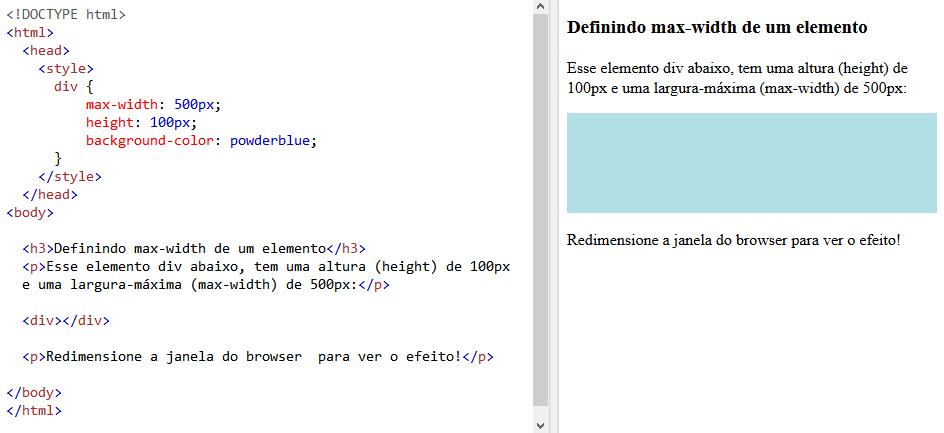Significa que não há largura máxima determinada. Veja o exemplo a seguir: O problema com a <div> do exemplo acima ocorre quando a janela de navegador for menor que a largura do elemento (500px).
