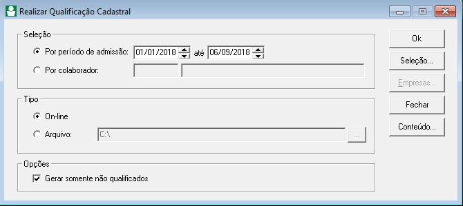 2 Através do quadro Seleção, selecione se os empregados serão qualifcados por período de admissão ou por empregado, informando o código do mesmo; 3 No quadro Tipo, selecione a opção: Online: para