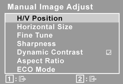 Controle Explicação Manual Image Adjust (Ajuste Manual de Imagem) exibe o menu Ajuste manual de imagem. H./V.