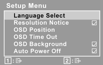 Controle Explicação Setup Menu (Menu de Configuração) exibe o seguinte menu: Language Select (Idioma) permite que você escolha o idioma utilizado nos menus e nas telas de controle.