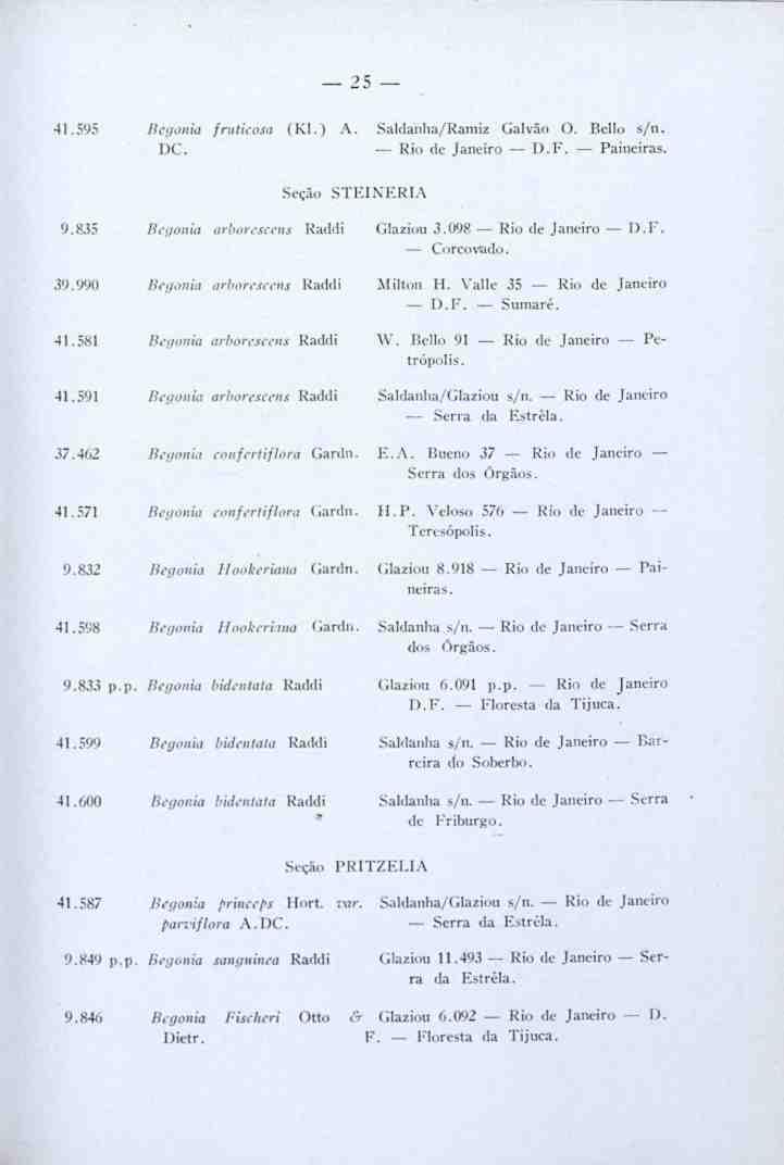 41.595 Begonia fruticosa (Kl.) A. Saldanha/Ramú Galvão O. Bello s/n. DC. Rio de Janeiro D.F. Painciras. Seçã.i STEINERIA 9.835 Begonia arborescens Raddi Glaziou 3.098 Rio de Janeiro D.F. Corcovado.