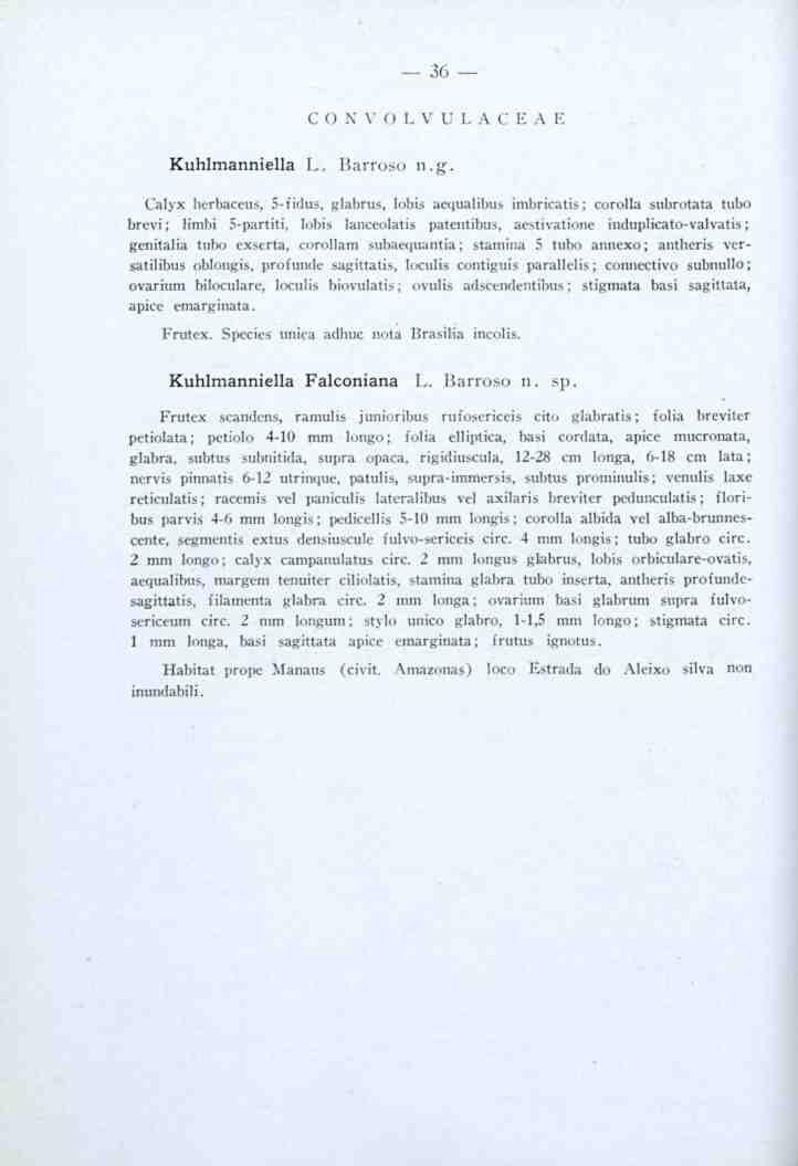 36 C O X V O L V U L A C E A E Kuhlmanniella I.. Barroso n.g. Calyx herbaceus, 5-íidus. glabrus, lobis aequalibus imbricatis; corolla subrotata tubo brevi; limbi 5-partiti.