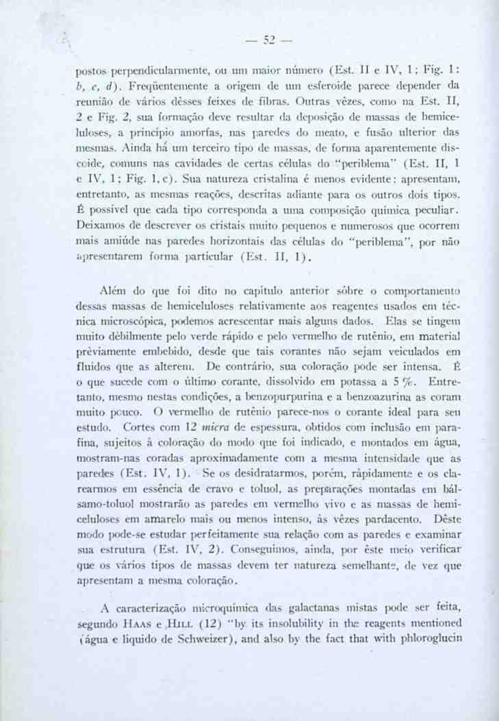 52 postos perpendicularmente, ou um maior número (Est II e IV, 1 ; Fig. 1: b, e. d). Freqüentemente a origem de um esferoide parece depender da reunião de vários desses feixes de fibras.