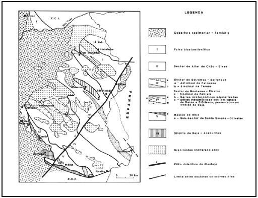 MODELAÇÃO MATEMÁTICA DOS RECURSOS HÍDRICOS SUBTERÂNEOS DA REGIÃO DE MOURA Figura 6.2 - Divisões tectono estratigráficas da Zona de Ossa Morena, em Portugal (Oliveira et al, 19