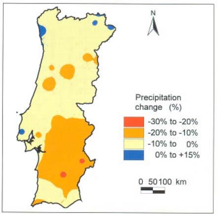 8 Alteração na precipitação no ano 2100, segundo o modelo HadRM2 (in Santos et al., 2002).