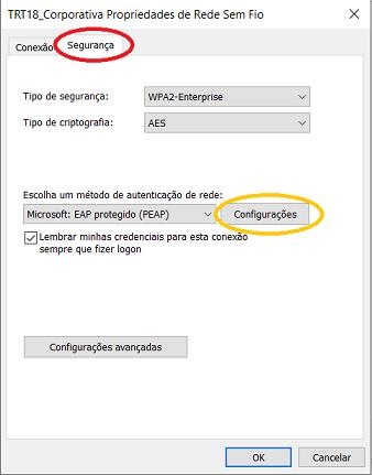 Na janela [Propriedades de Rede Sem Fio], clique na aba [Segurança]. Preencha os campos conforme o exibido na próxima figura e, então, clique no botão [Configurações]; 09.