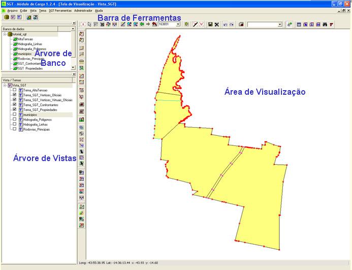 3. INTERFACE GRÁFICA A interface gráfica do SGT é composta por cinco blocos, Barra de Menu, Árvore do Banco de Dados, Árvore de Vistas, Barra de Ferramentas e Telas de Visualização.