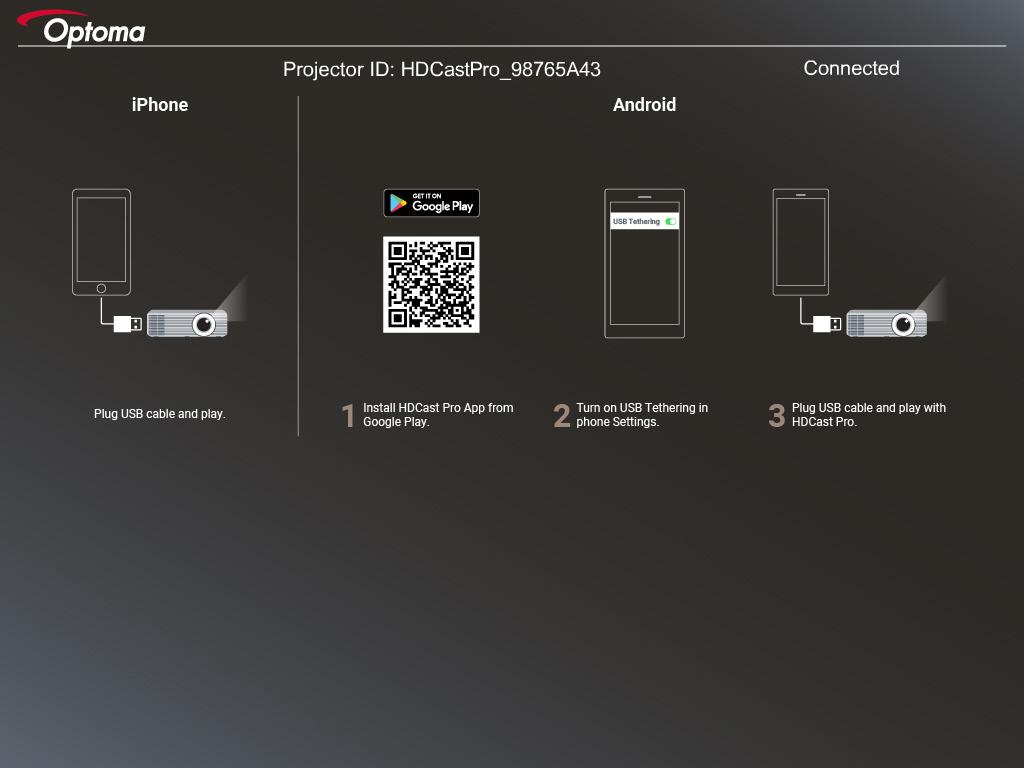 Visor USB (dispositivo móvel conecta à porta USB diretamente) Espelhamento de tela por cabo USB Espelhe sua tela ios ou Android conectando o dispositivo ao projetor com seu cabo de carregamento USB.