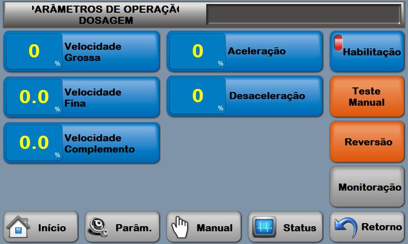 Para ajustar, pressione o botão do parâmetro desejado, abrindo assim a tela de ajuste correspondente. PARAMETROS DE OPERAÇÃO DOSAGEM Nesta tela, podemos definir os parâmetros de operação da dosagem.