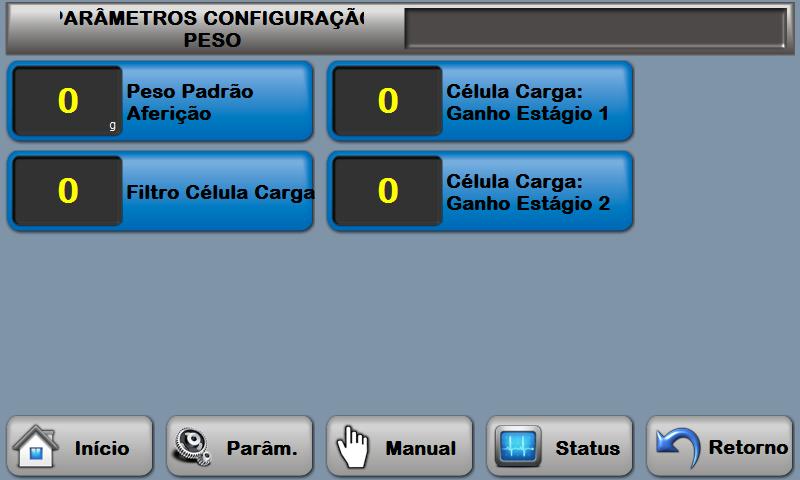 PARÂMETROS CONFIGURAÇÃO PESO Esta tela permite configurar os parâmetros avançados de peso. PESO PADRÃO: Este parâmetro define o peso padrão para aferição, ajustado 500gr. de fábrica.