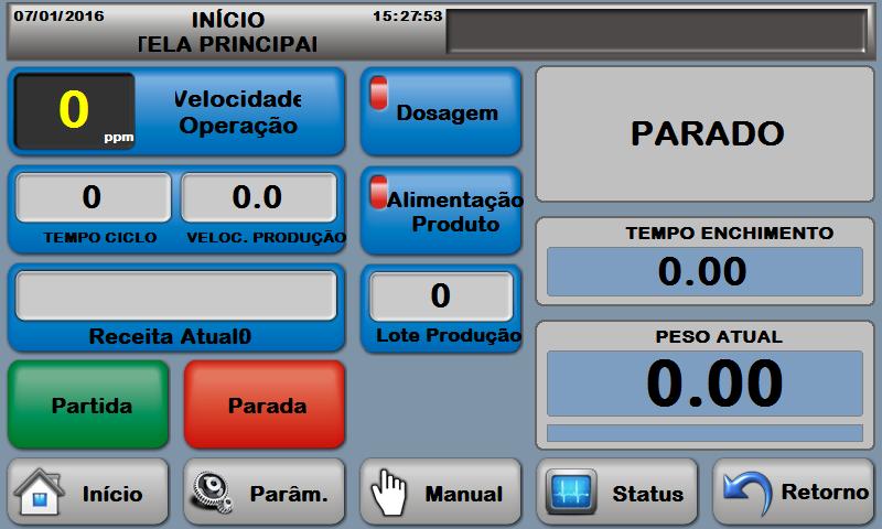 5.3. TELA INICIO A tela de ínicio possui as principais informações a serem visualizadas no período de ciclo da máquina. Velocidade da Empacotadora em PPM (Pacotes Por Minuto).