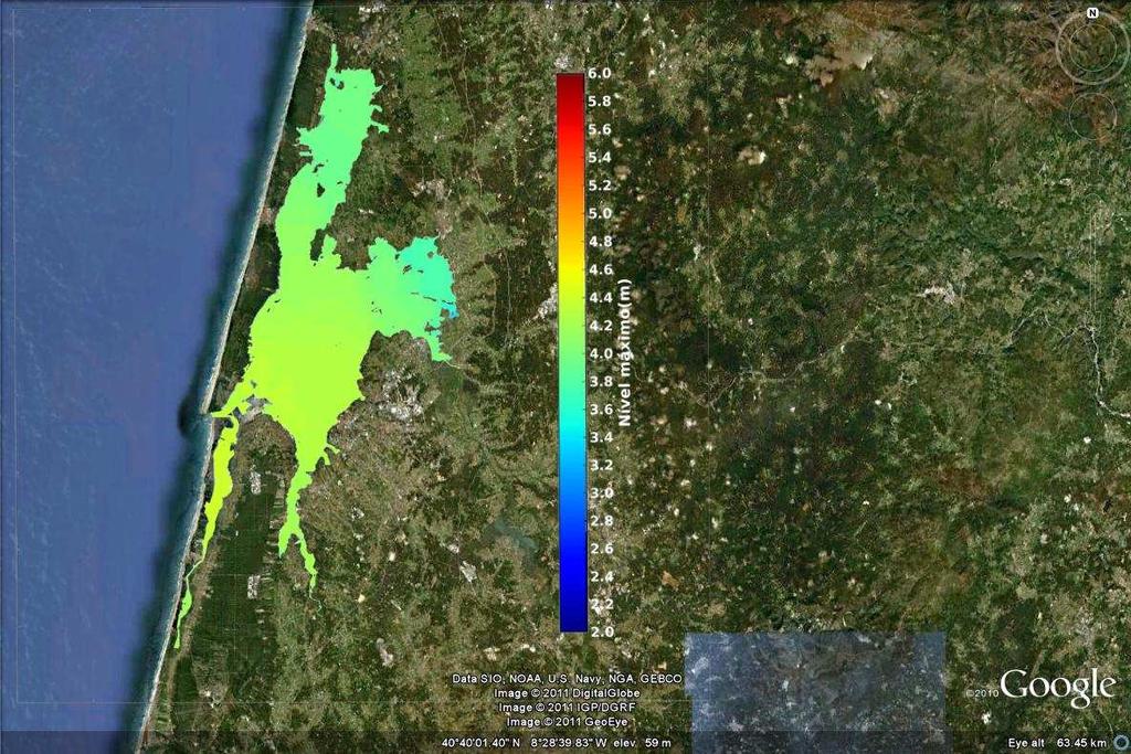 Figura 13 Níveis máximos na Ria de Aveiro situação actual (ZH): período de retorno de 10 anos; vento = 6.4 m/s (SW).