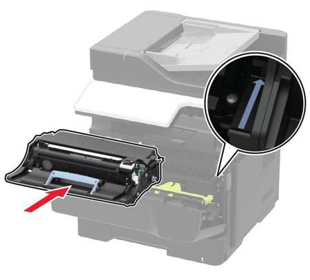 Carregamento correto de papel Carregamento incorreto de papel 5 Insira a unidade de imagem nova. Nota: utilize as setas no interior da impressora como guias.