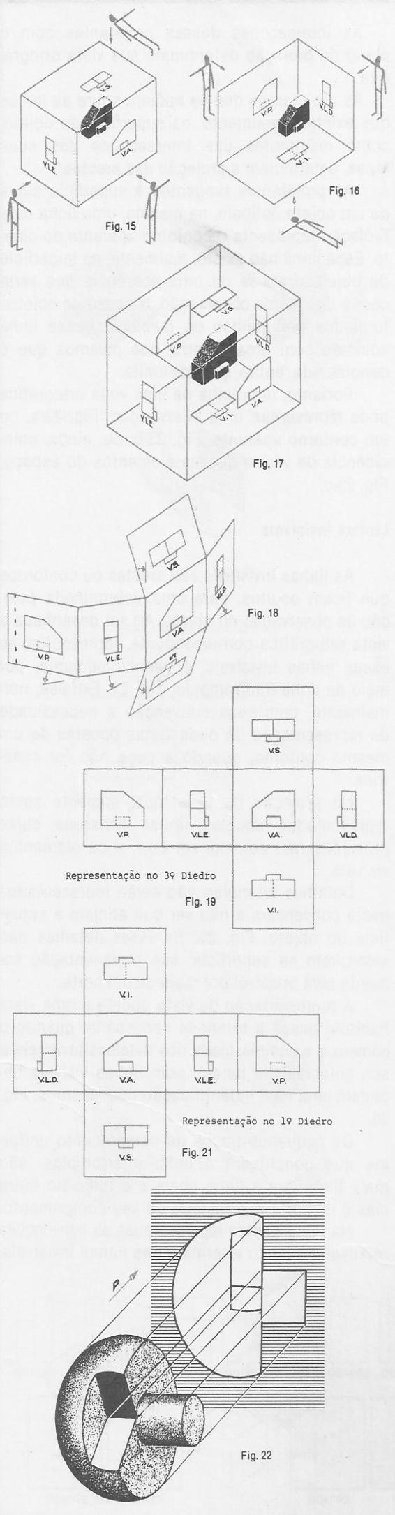 Representação no 3 diedro: A disposição das três vistas habituais, no 3. Diedro, está representada na fig. 15. Para as três vistas opostas ás habituais, temos a disposição da fig. 16.