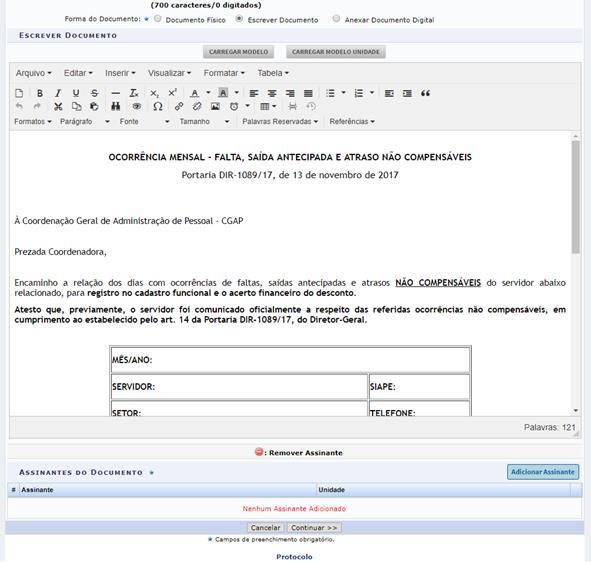 10. Com o modelo já carregado, preencha os dados do formulário com a ocorrência do servidor.