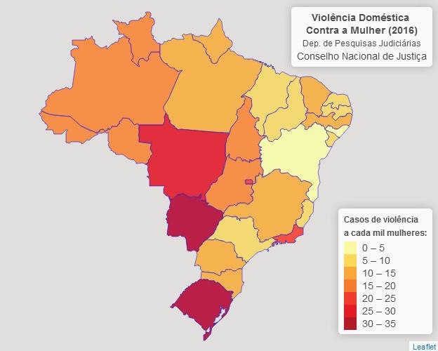 Mapa casos novos de conhecimento criminais em violência doméstica contra a mulher, a cada mil mulheres residentes no estado, em 06 e 07.