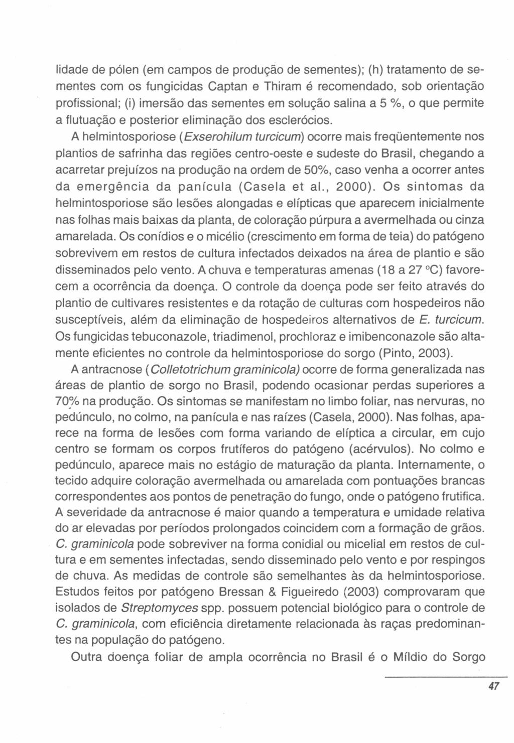 lidade de pólen (em campos de produção de sementes); (h) tratamento de sementes com os fungicidas Captan e Thiram é recomendado, sob orientação profissional; (i) imersão das sementes em solução