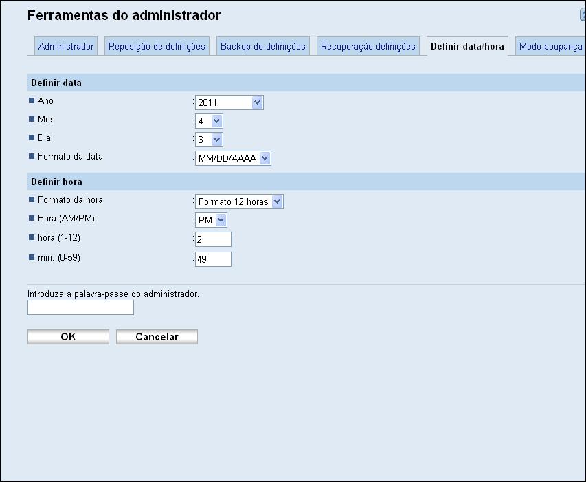 8. Configurar o Equipamento Utilizando o Web Image Monitor Definir data Item Descrição Ano Introduza o ano actual (2000 a 2099). Mês Introduza o mês actual (1 a 12).