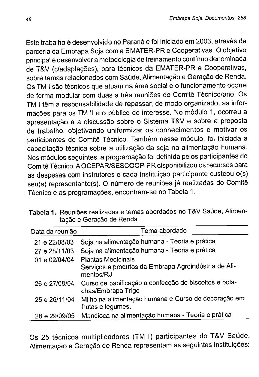 48 Embrapa Soja. Documentos, 288 Este trabalho é desenvolvido no Paraná e foi iniciado em 2003, através de parceria da Embrapa Soja com a EMATER-PR e Cooperativas.