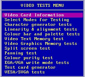 de vídeo completa, e os testes em modos VESA de alta resolução. Na figura 24 vemos o menu de testes de vídeo do PC-Check. Figura 24 Menu de testes de vídeo do PC-Check.