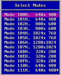 gráficos listados seguem o padrão VESA. Por exemplo, o modo 111h opera com a resolução de 640x480 e 15 bits por pixel, resultando em 32.768 (32k) cores.