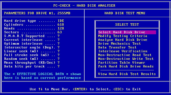 Figura 31 - Menu de testes de disco rígido do PC-Check.