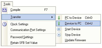 Upload do Projeto Para transferir o programa de um Dispositivo para um PC : Clicar na guia Tools -> Transfer ->