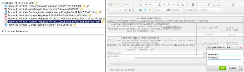 d) Após clicar em OK, o número do evento SEI será mostrado, conforme abaixo: e) clicar no espaço de preenchimento correspondente ao NÚMERO DO EVENTO SEI (não digitar o número) do CURSO REGULAR -