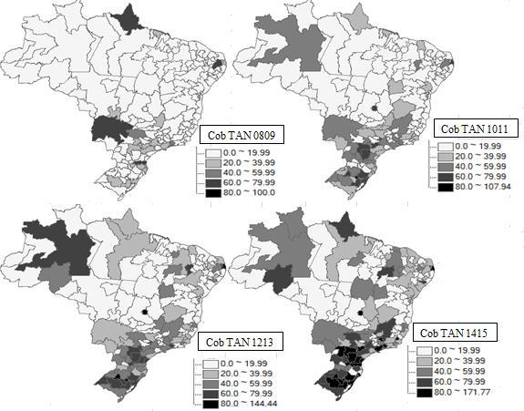 33 Figura 3 - Distribuição espacial da porcentagem da cobertura da triagem auditiva neonatal nos períodos de 2008 a 2015 pelas Regiões Intermediárias de Articulação Urbana, Brasil.