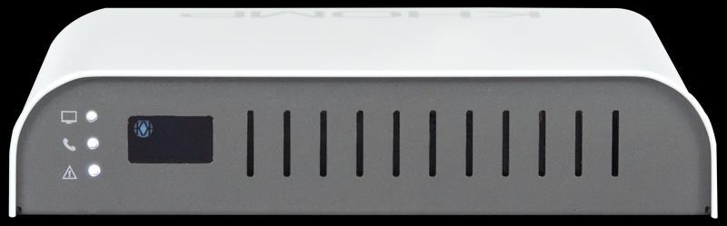 Imagens do produto UMG Modular 300 DY com display Visão traseira sem interfaces de telefonia Visão traseira com 1 E1/T1, 8 FXS e 4 FXO Especificações técnicas Módulos de telefonia disponíveis Módulo