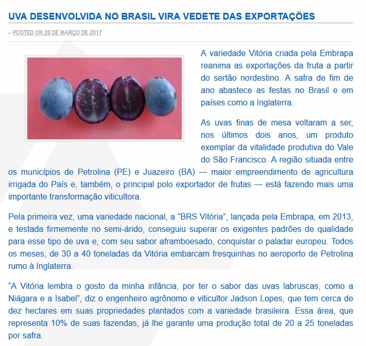 Figura 3 Reportagem sobre a uva BRS Violeta (http://www.aease.org.br/?p=1340). 2 AVALIAÇÃO DOS IMPACTOS ECONÔMICOS 2.