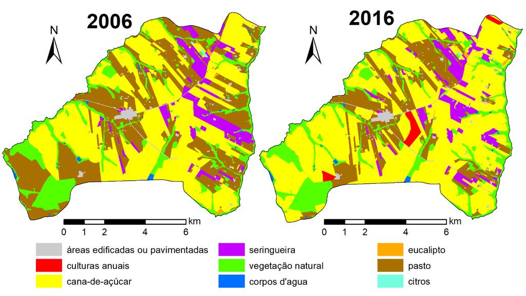 somar as áreas referentes às diversas combinações de uso ou cobertura das terras em 2006 e 2016.