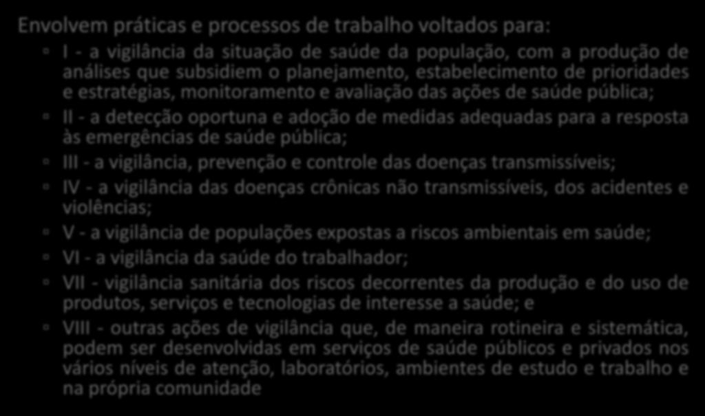 Ações de Vigilância em Saúde Envolvem práticas e processos de trabalho voltados para: I - a vigilância da situação de saúde da população, com a produção de análises que subsidiem o planejamento,